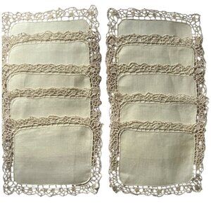 Set Of 10 Pale Yellow Linen & Crochet Doilies 7" X 5.5" Table Decor Wedding